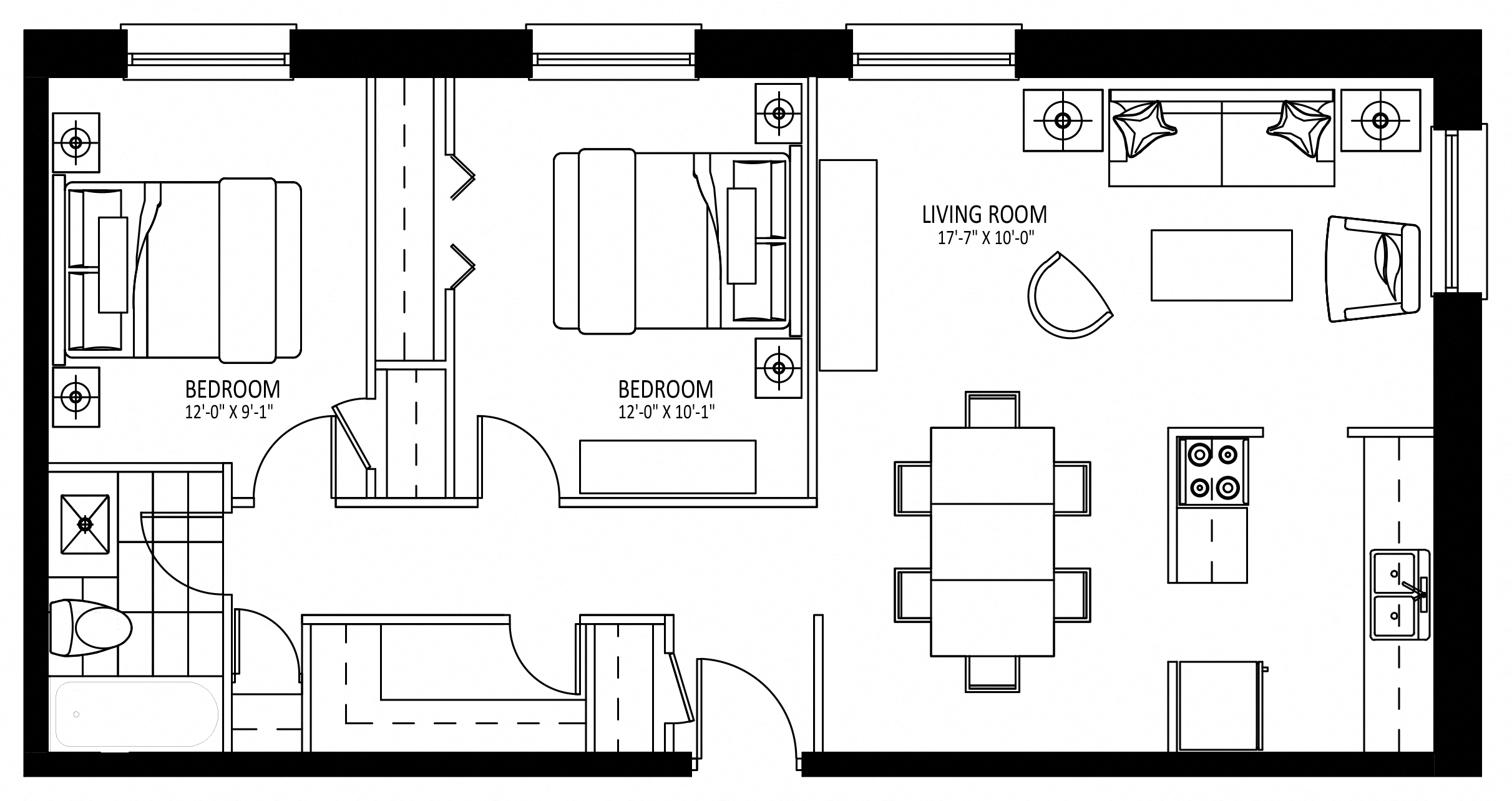 Floor plan for 2 beds, 1 bath, 846 sqft